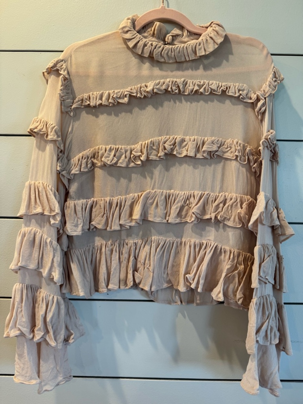 Ruffle Detail Long-Sleeve Blouse in Blush